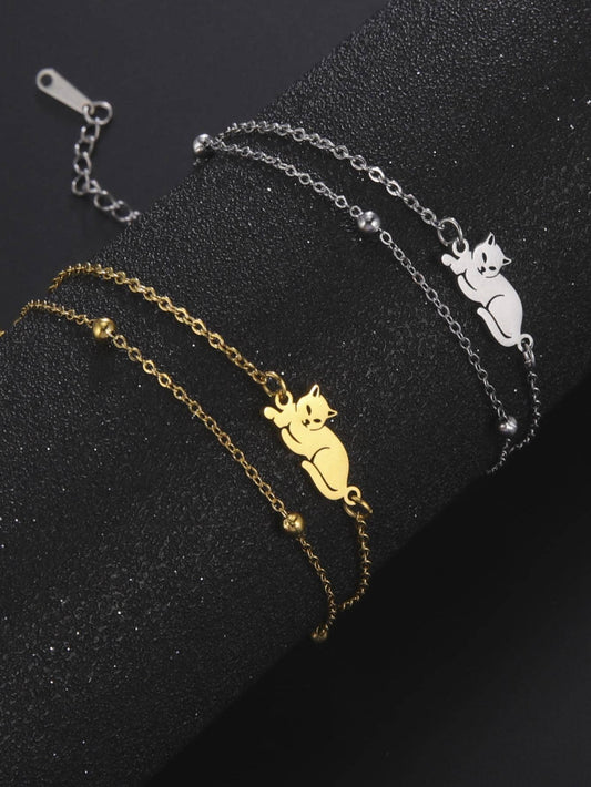 For Cat Ladies : 1pc Fashion Stainless Steel Cat Decor Layered Chain Bracelet For Women For Daily Decoration