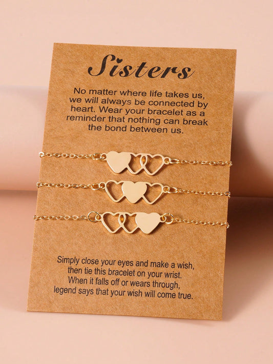 Sisters Bracelets: 3pcs Creative Personality Stainless Steel Triple Heart Design Ladies' Chain Bracelet