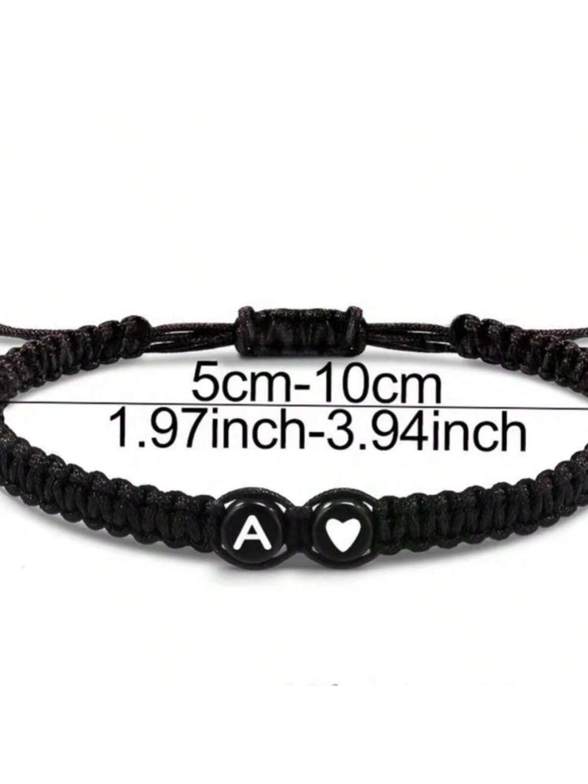 Adjustable Handmade Braided Acrylic Black White Heart-Shaped Couple Bracelet or Friendship Band With 26 English Alphabet Letters