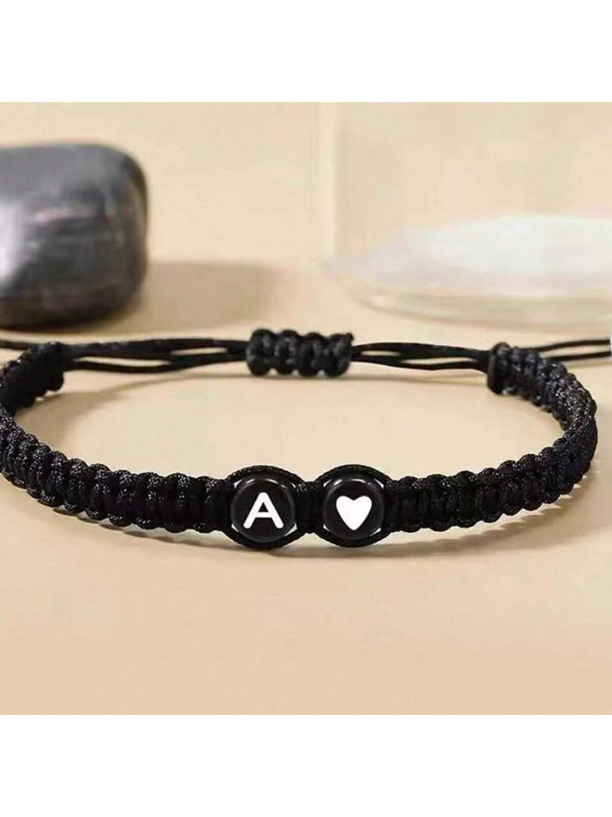 Adjustable Handmade Braided Acrylic Black White Heart-Shaped Couple Bracelet or Friendship Band With 26 English Alphabet Letters