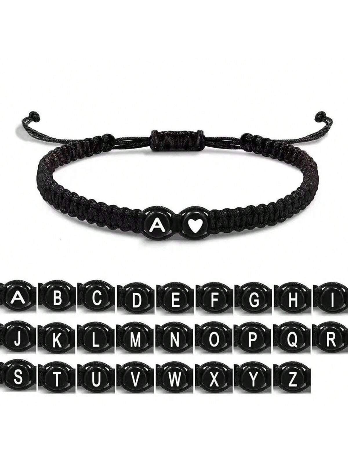 Adjustable Handmade Braided Acrylic Black White Heart-Shaped Couple Bracelet or Friendship Band With 26 English Alphabet Letters