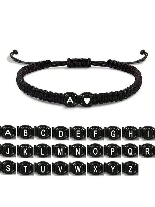 BFF Bracelets: Adjustable Handmade Braided Acrylic Black White Heart-Shaped Couple Bracelet With 26 English Alphabet Letters